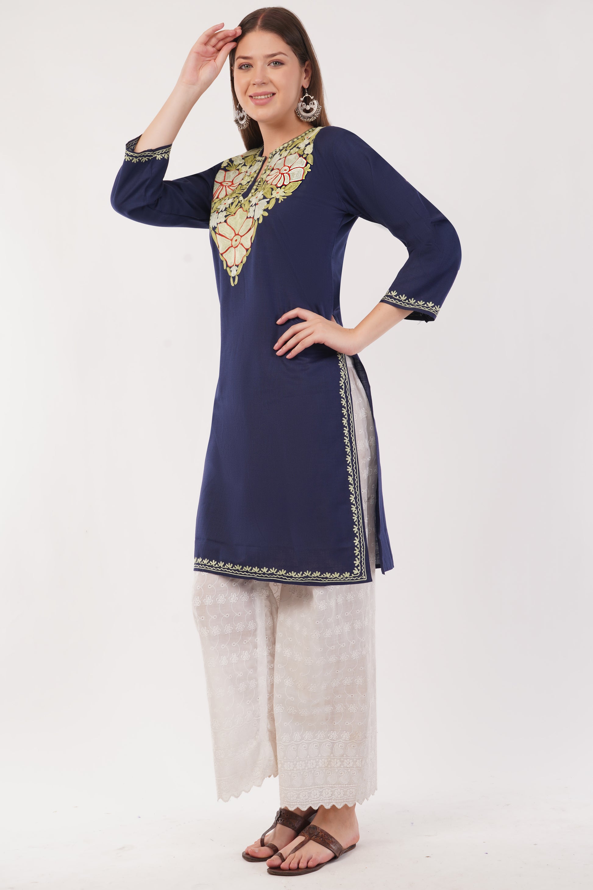 Kashmiri Aari embroidery Cotton Long Kurti Size-42(Navy)
