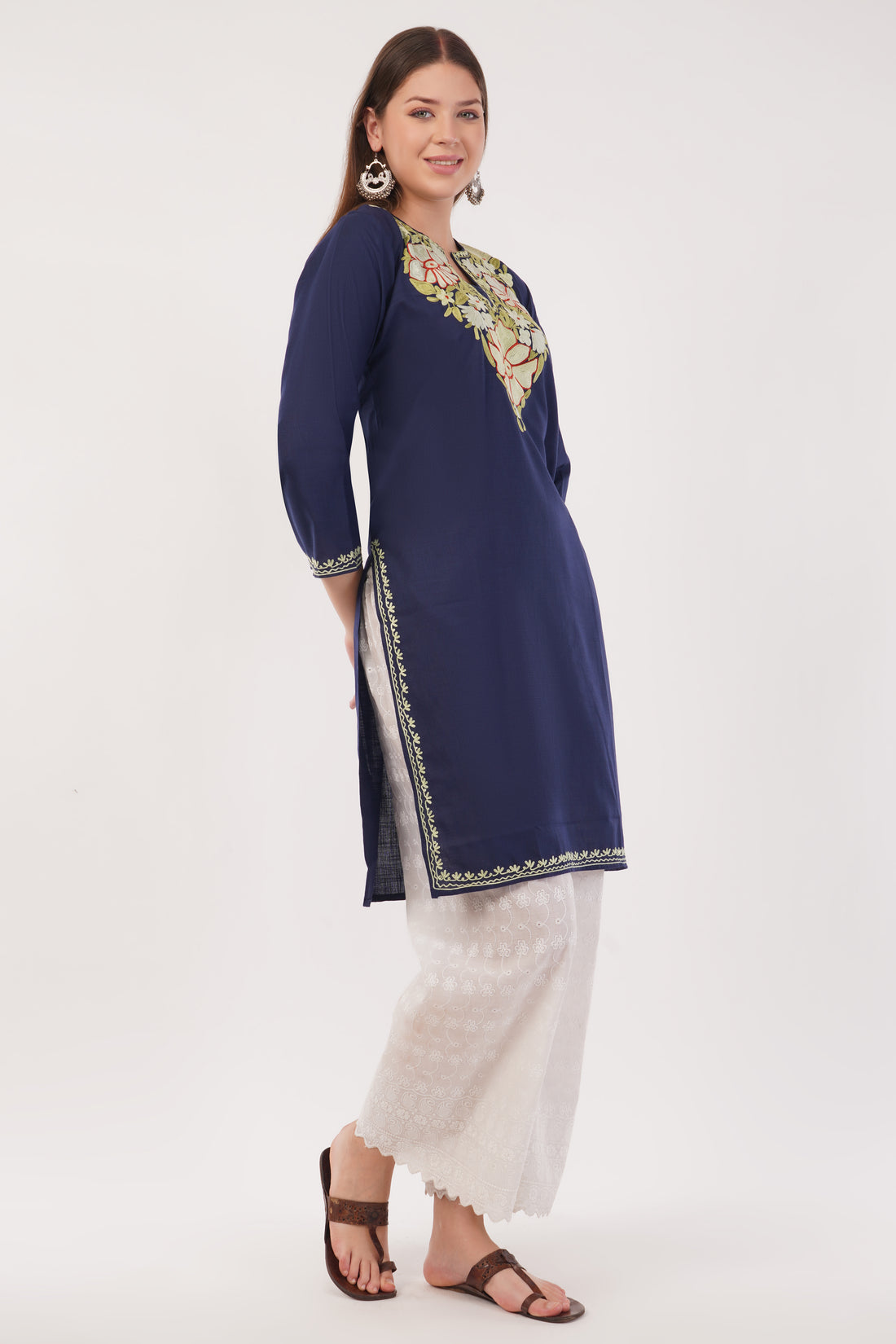 Kashmiri Aari embroidery Cotton Long Kurti Size-42(Navy)