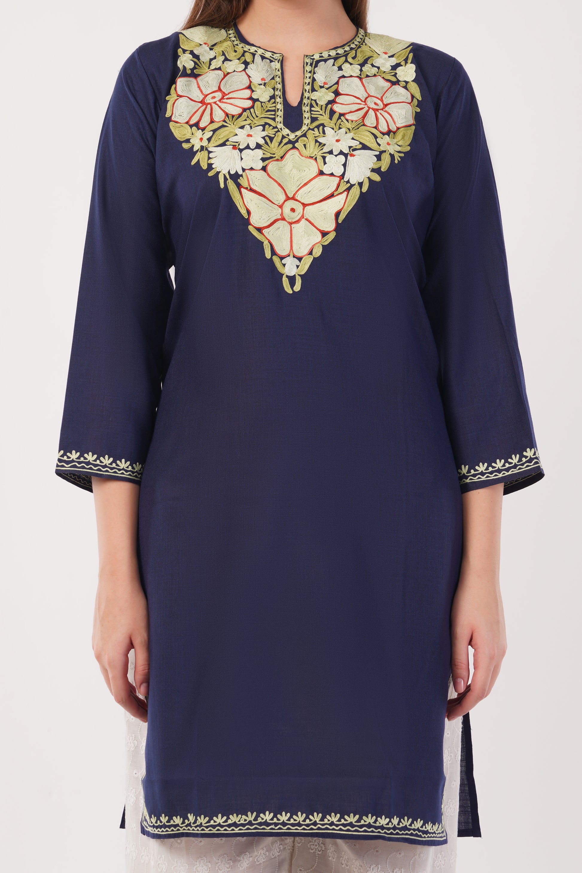 Kashmiri Aari embroidery Cotton Long Kurti Size-42(Navy)
