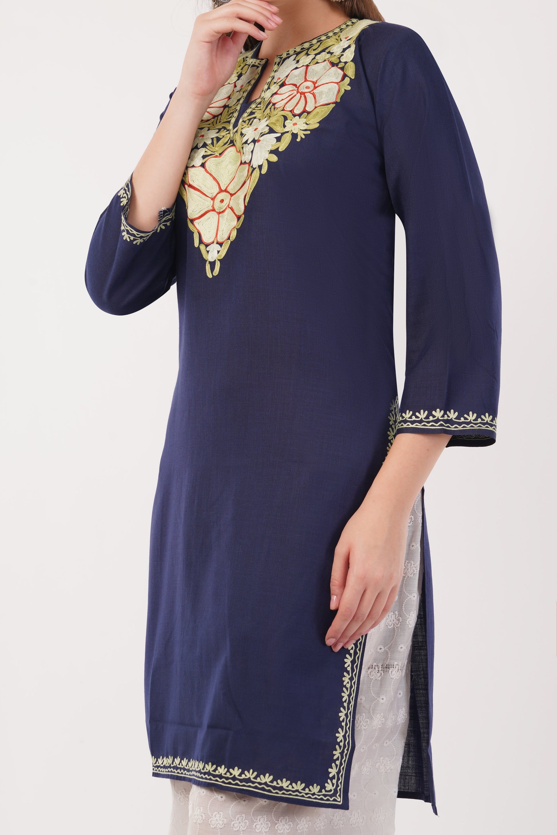Kashmiri Aari embroidery Cotton Long Kurti Size-42(Navy)