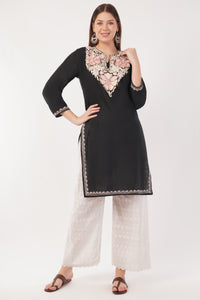Kashmiri Aari embroidery Cotton Long Kurti Size-40(Black)