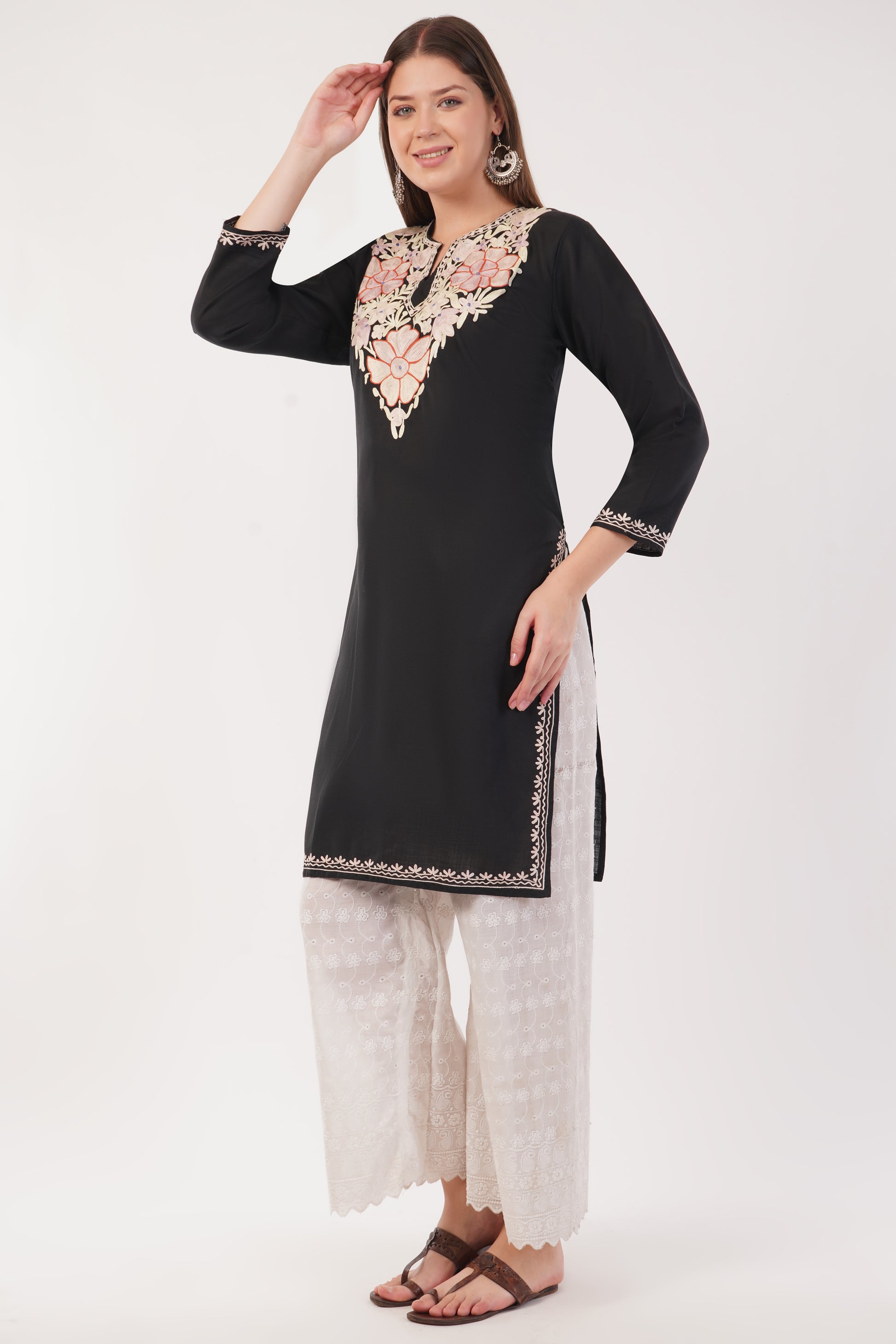 Kashmiri Aari embroidery Cotton Long Kurti Size-40(Black)