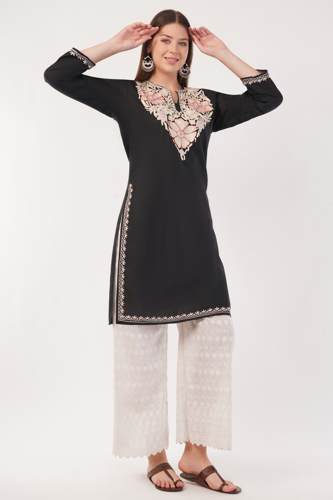 Kashmiri Aari embroidery Cotton Long Kurti Size-40(Black)