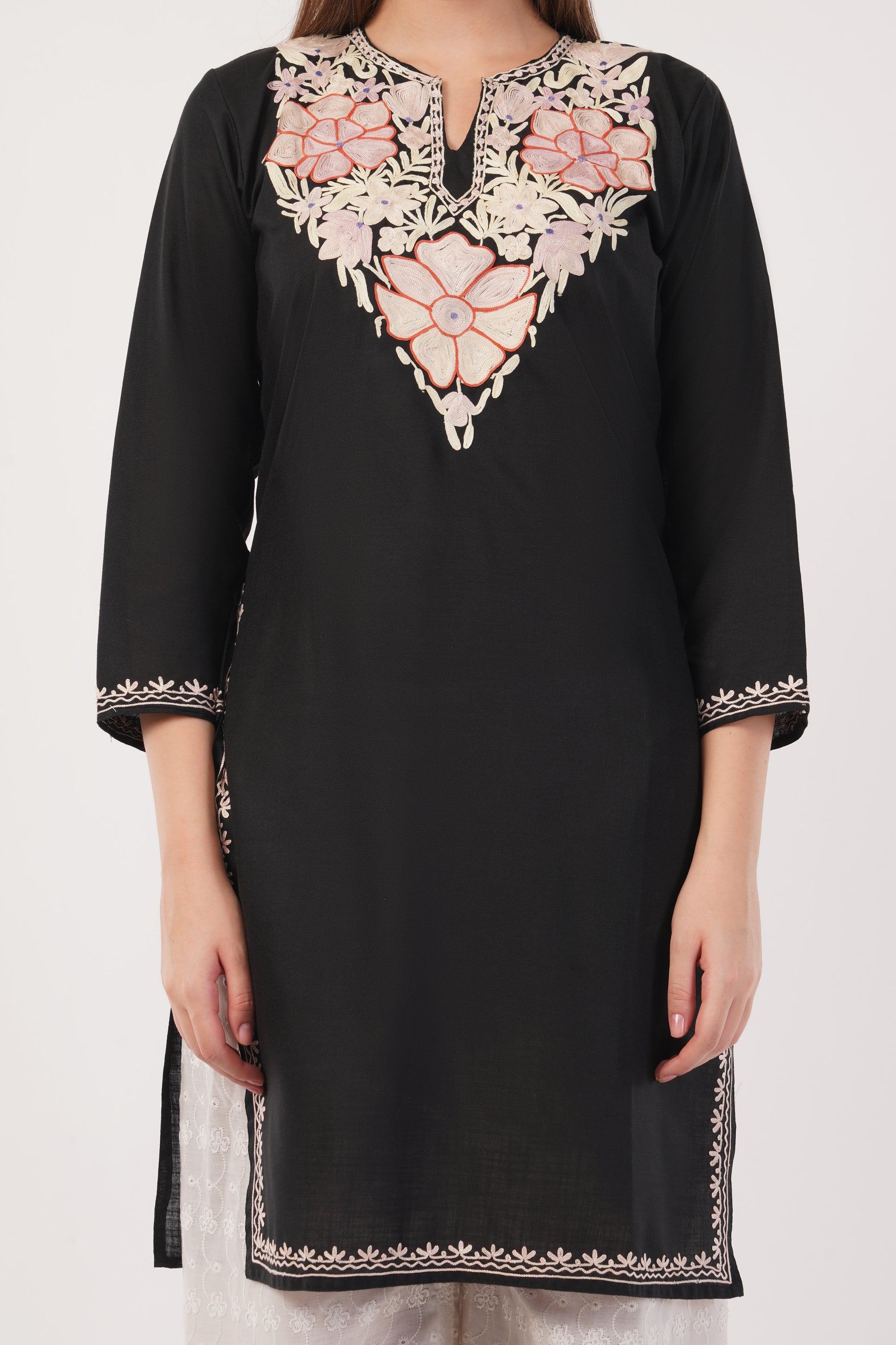 Kashmiri Aari embroidery Cotton Long Kurti Size-40(Black)