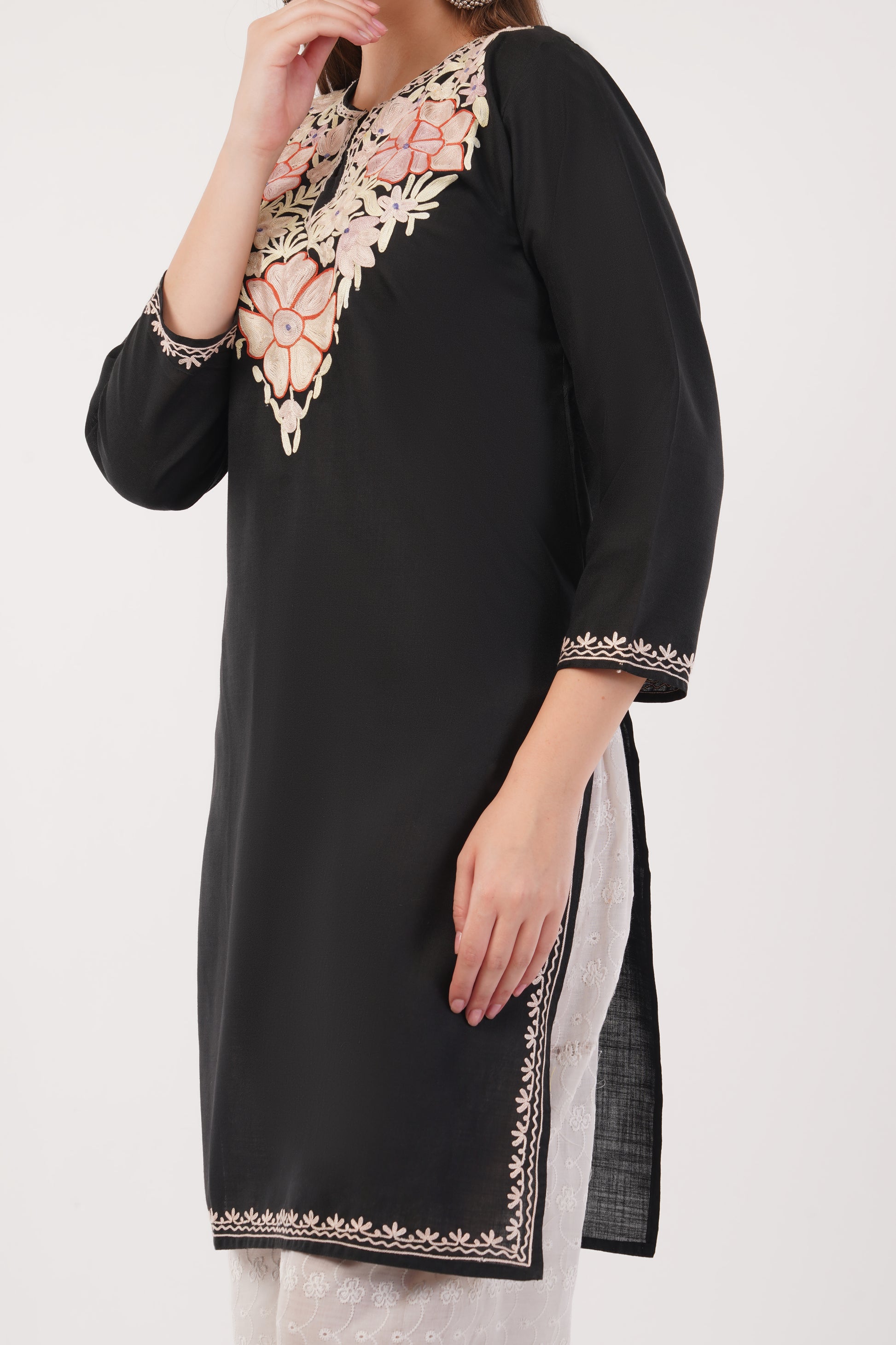 Kashmiri Aari embroidery Cotton Long Kurti Size-40(Black)