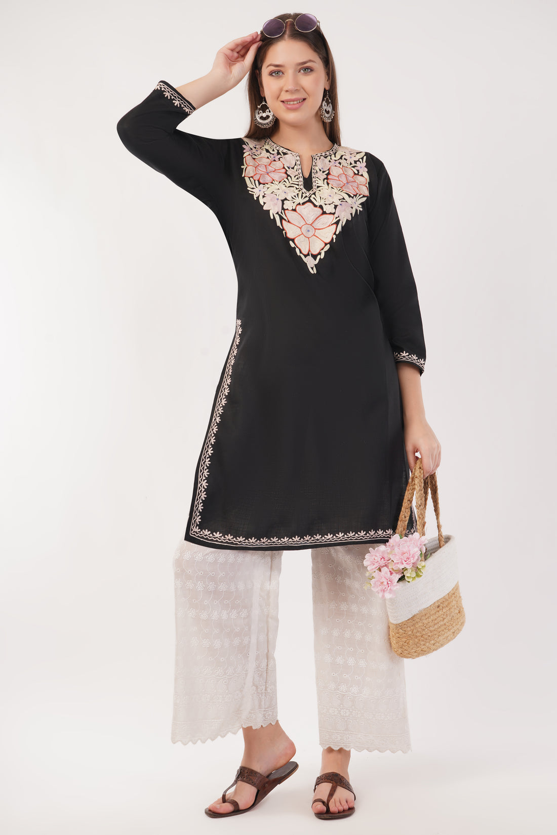 Kashmiri Aari embroidery Cotton Long Kurti Size-40(Black)