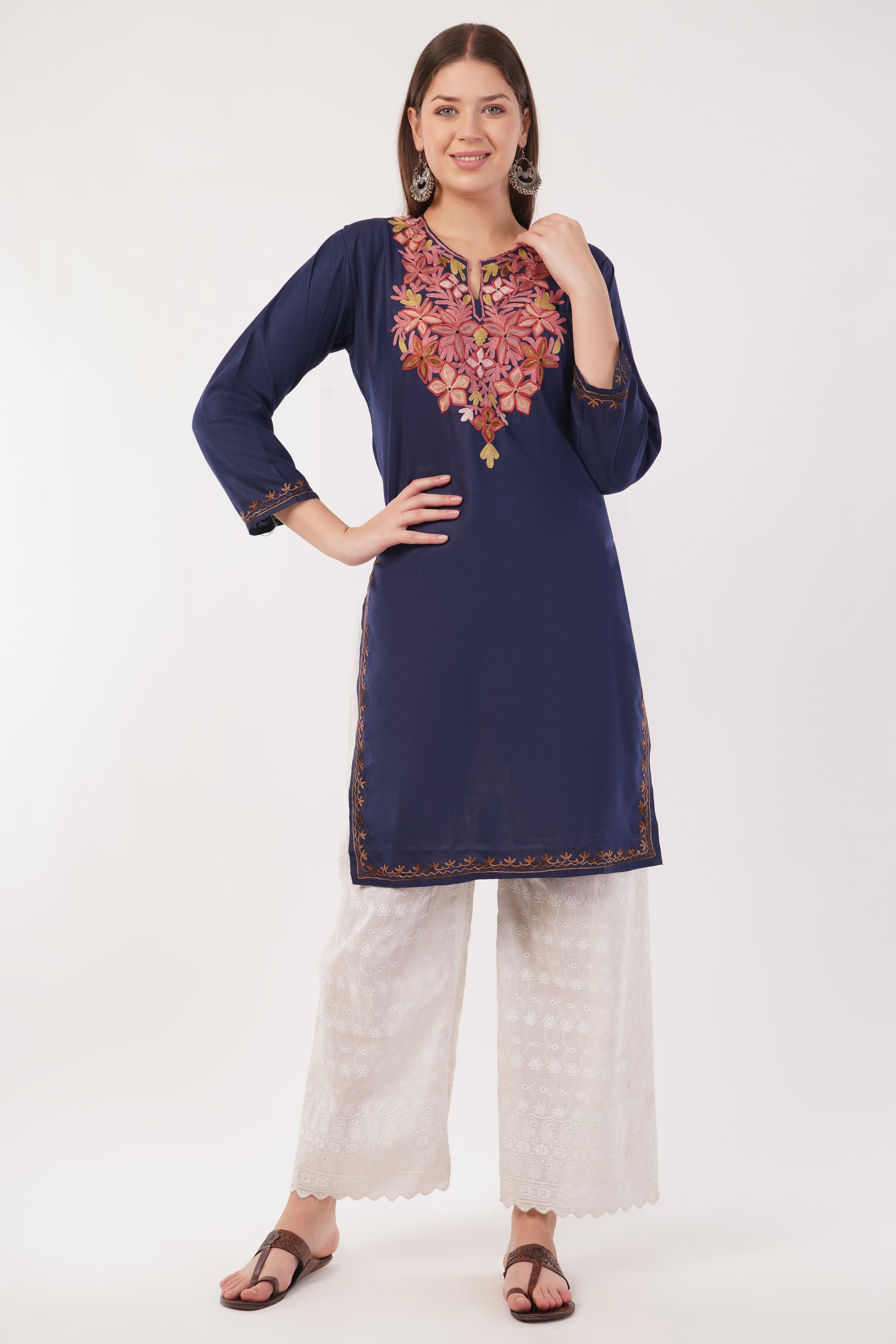 Kashmiri Aari embroidery Cotton Long Kurti Size-40(Navy)