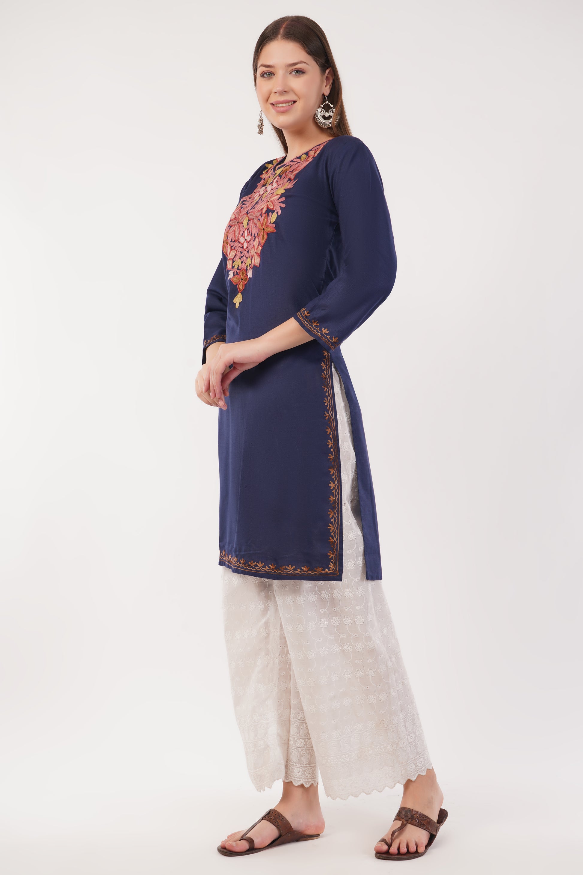 Kashmiri Aari embroidery Cotton Long Kurti Size-40(Navy)