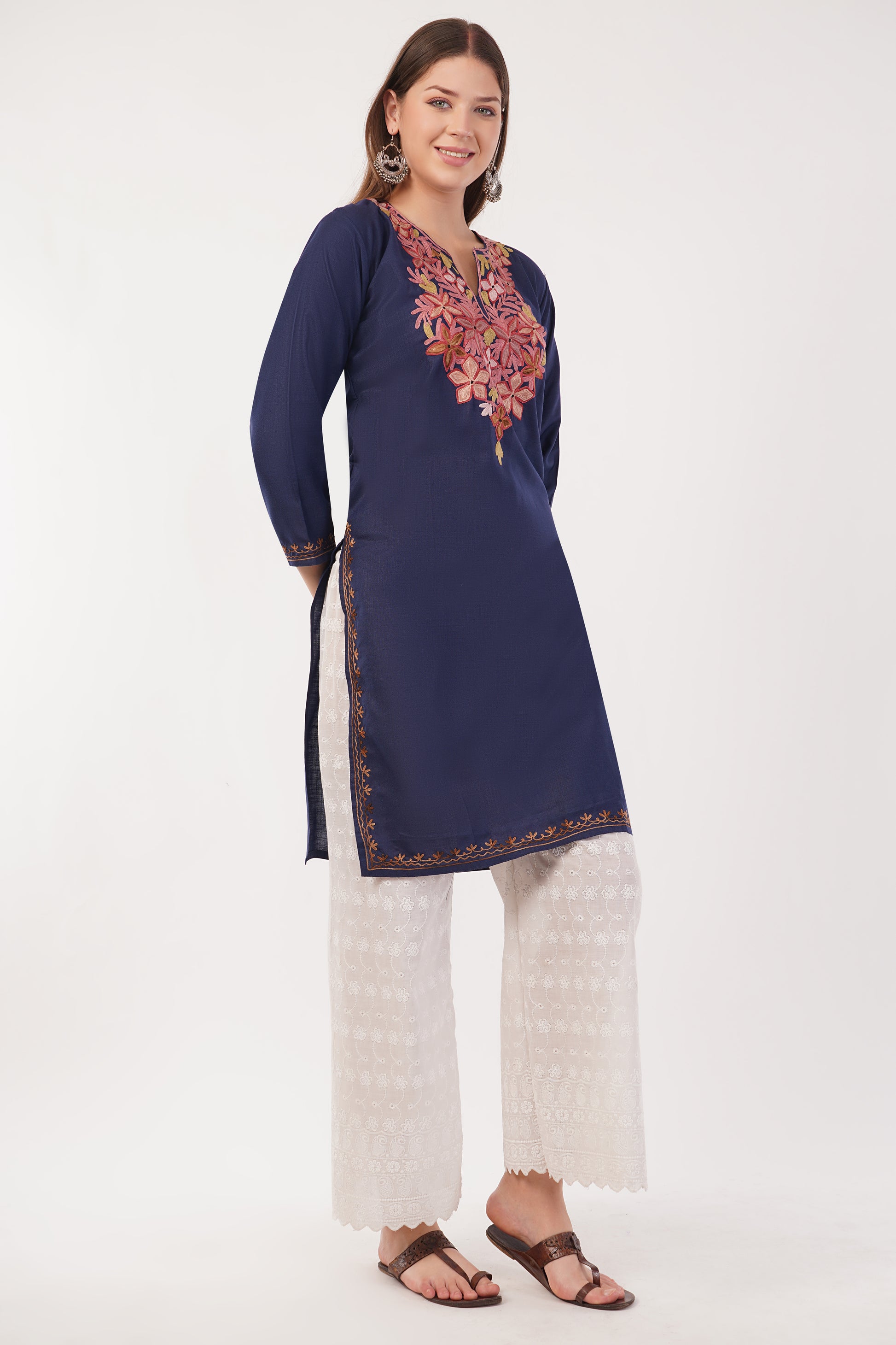 Kashmiri Aari embroidery Cotton Long Kurti Size-40(Navy)
