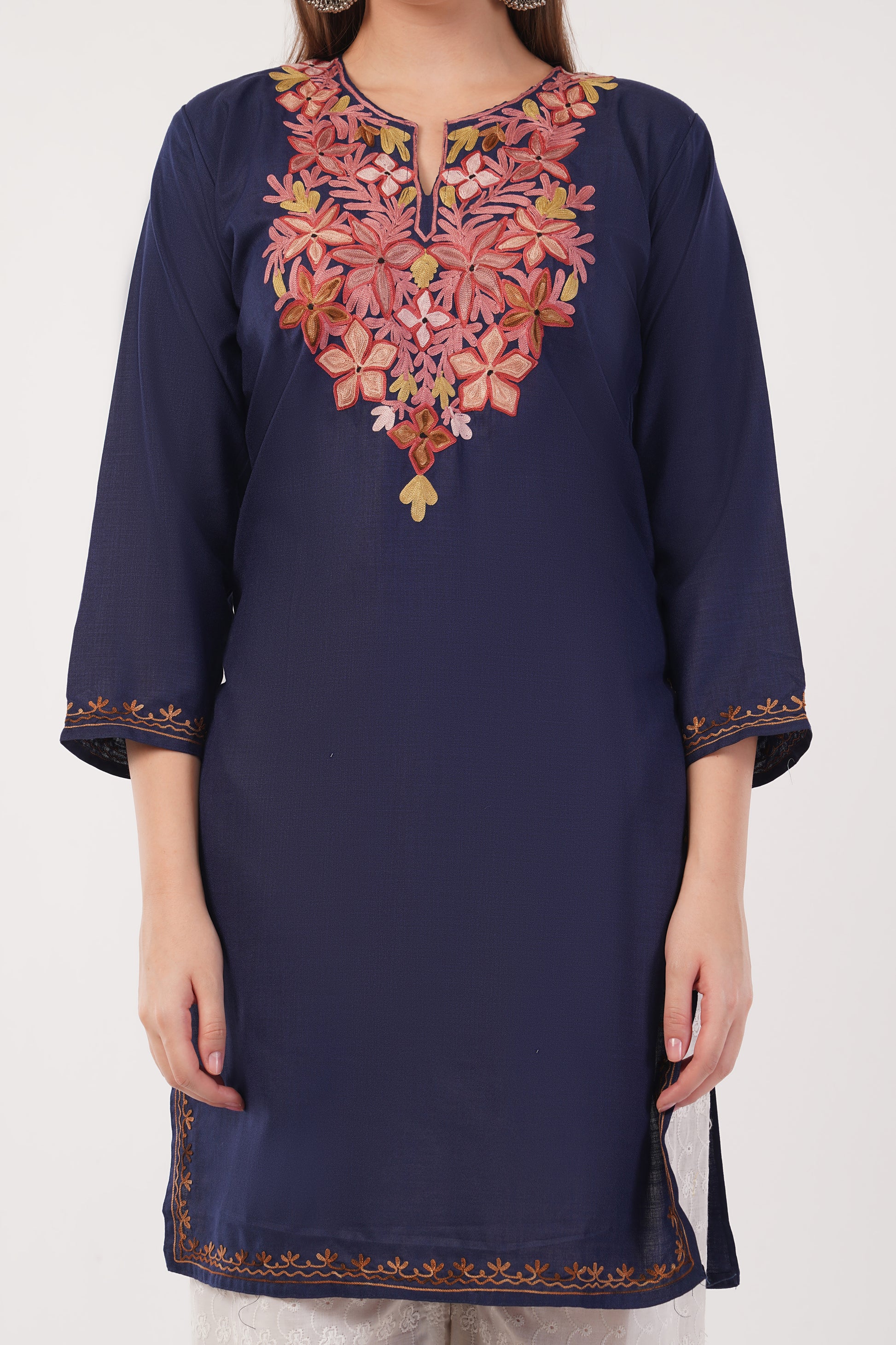 Kashmiri Aari embroidery Cotton Long Kurti Size-40(Navy)