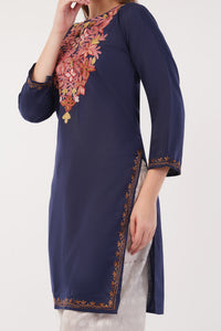 Kashmiri Aari embroidery Cotton Long Kurti Size-40(Navy)