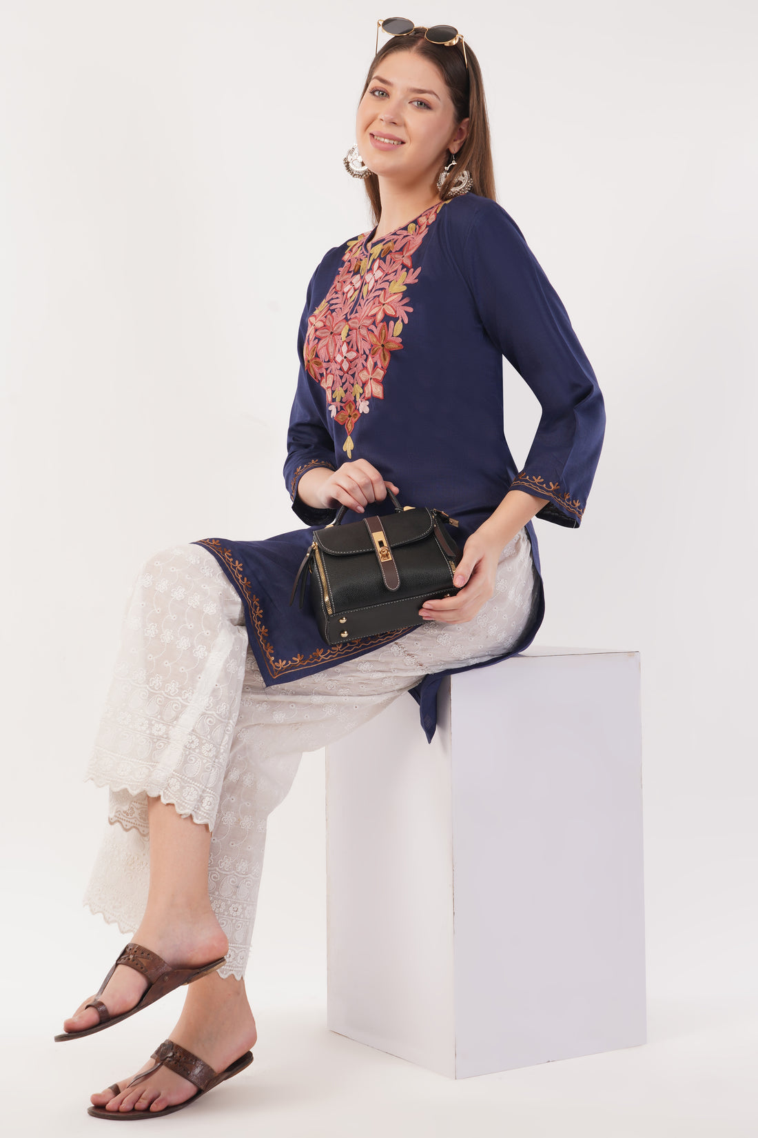 Kashmiri Aari embroidery Cotton Long Kurti Size-40(Navy)