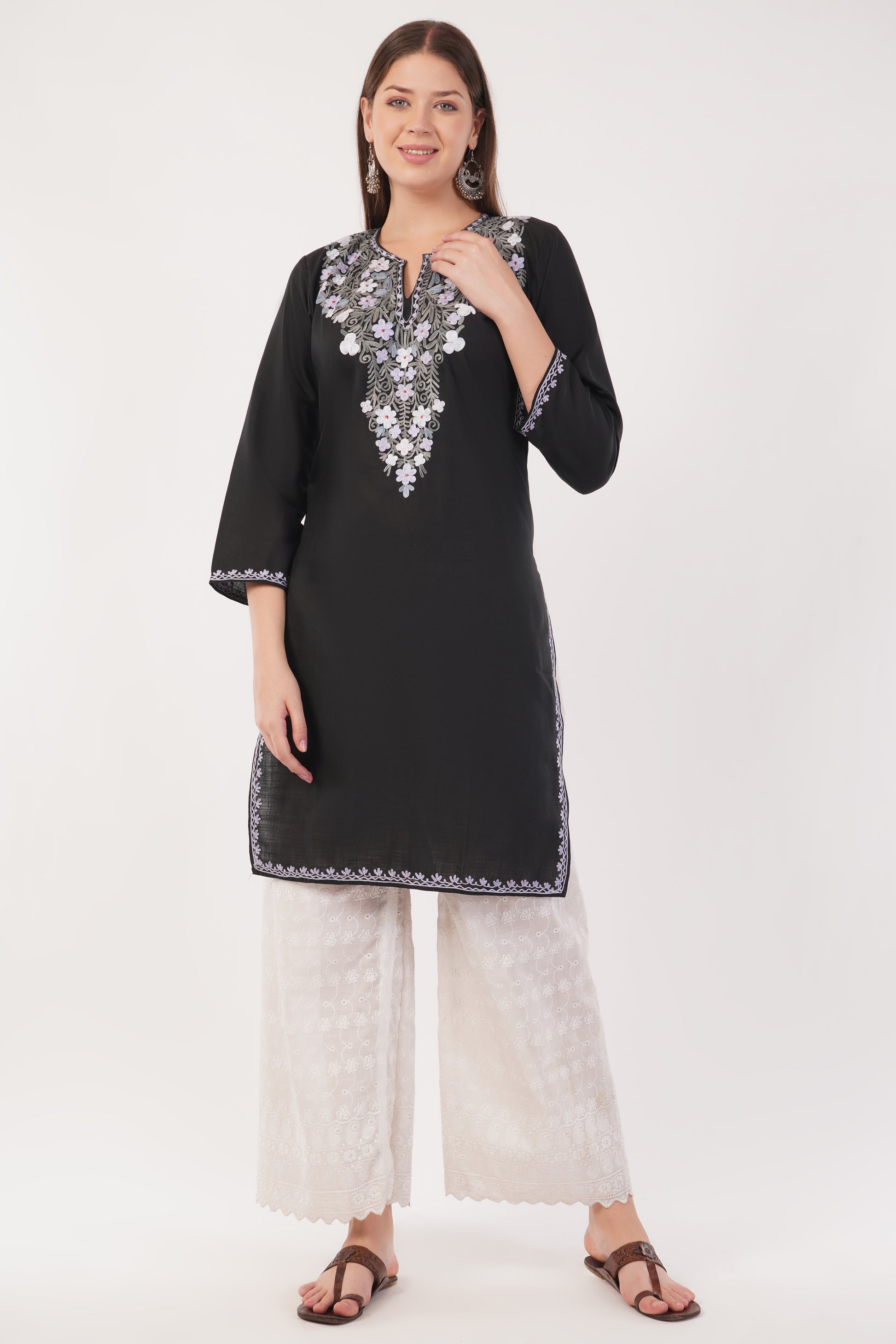 Kashmiri Aari embroidery Cotton Long Kurti Size-40(Black)