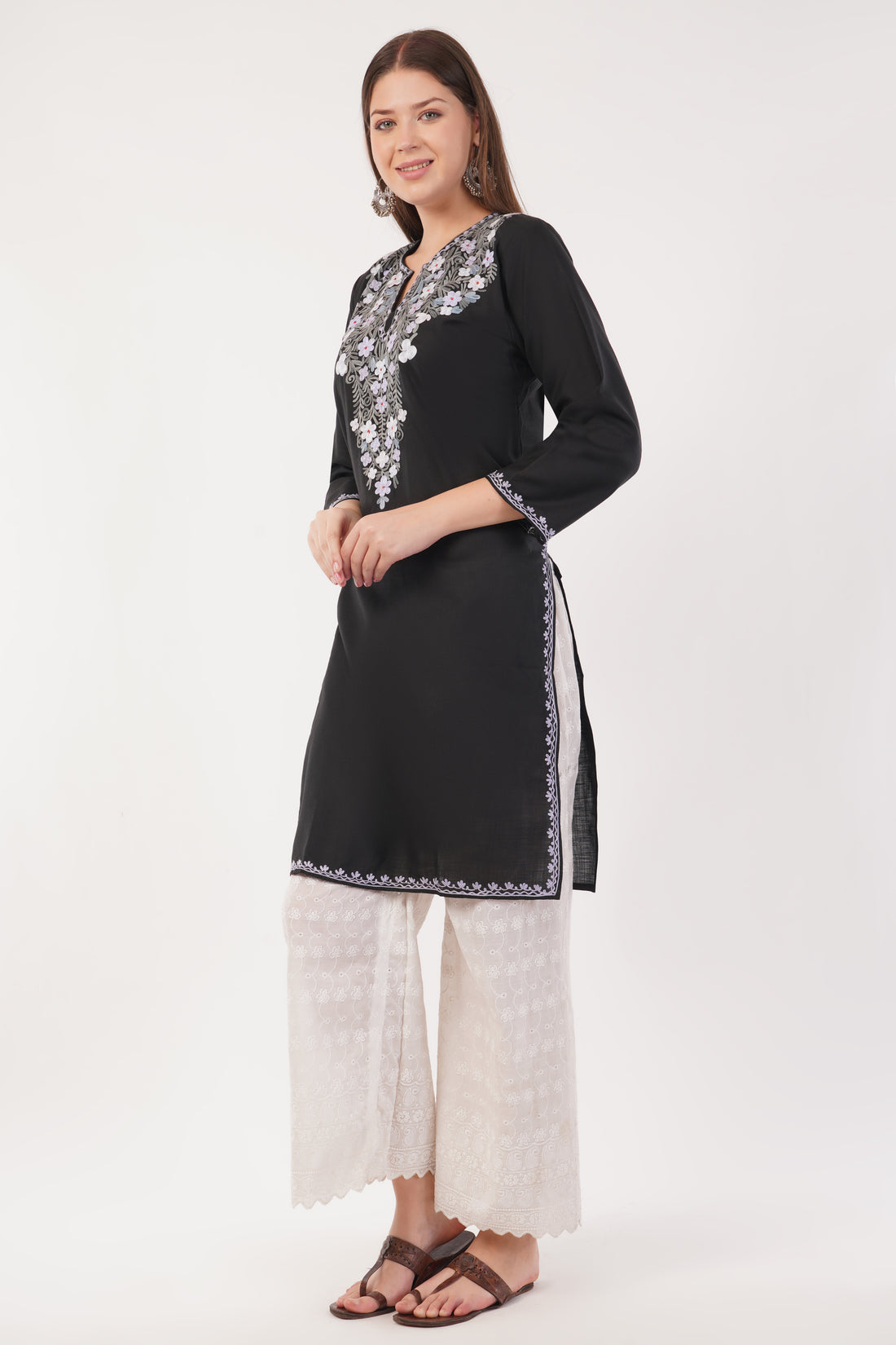 Kashmiri Aari embroidery Cotton Long Kurti Size-40(Black)