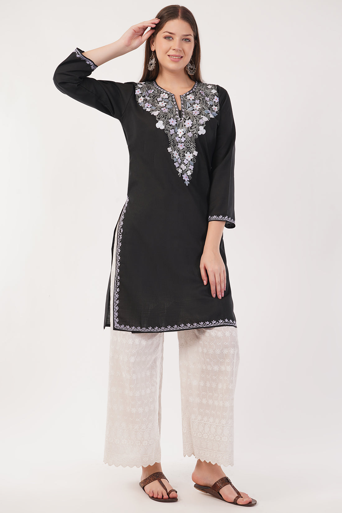 Kashmiri Aari embroidery Cotton Long Kurti Size-40(Black)