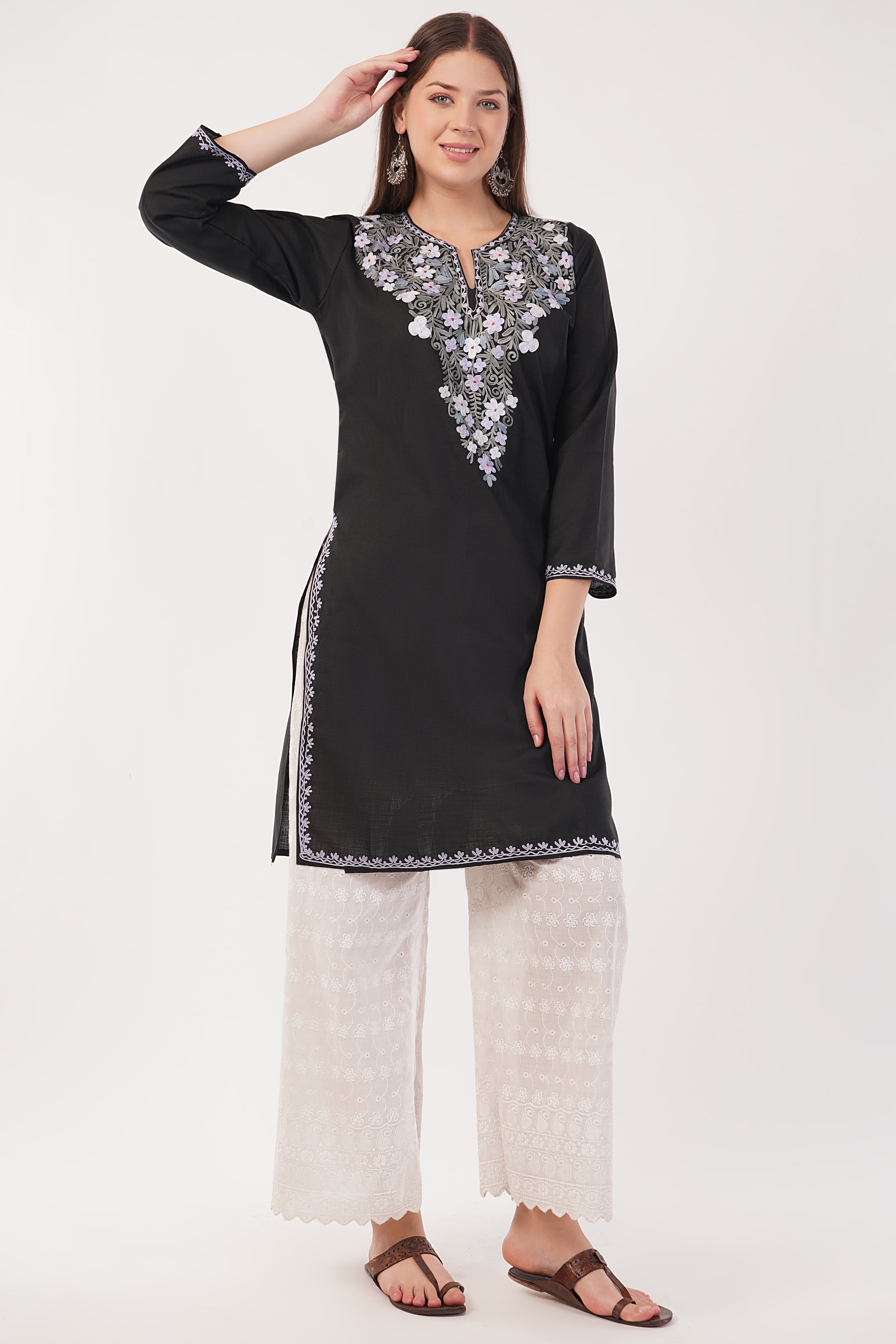 Kashmiri Aari embroidery Cotton Long Kurti Size-40(Black)