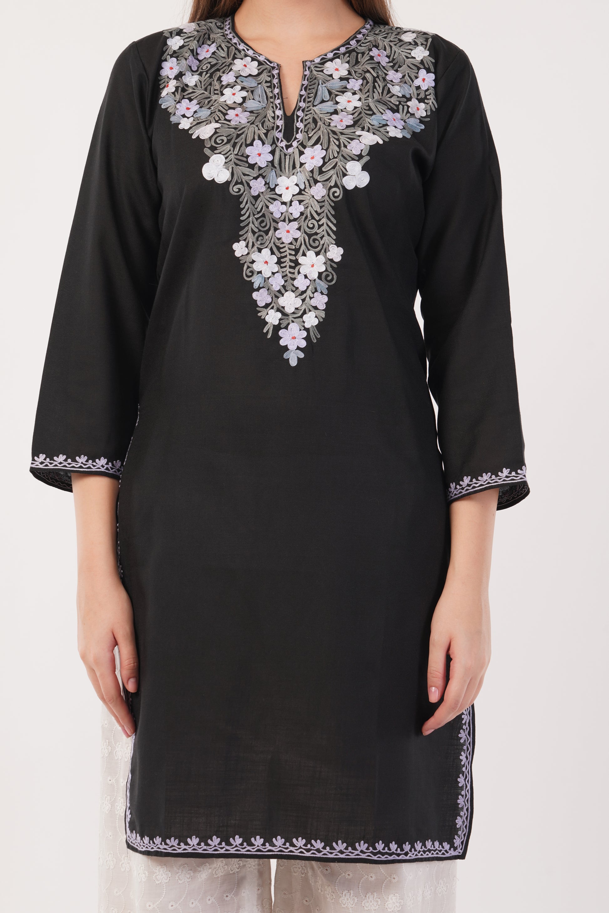 Kashmiri Aari embroidery Cotton Long Kurti Size-40(Black)