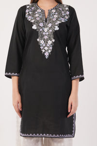 Kashmiri Aari embroidery Cotton Long Kurti Size-40(Black)