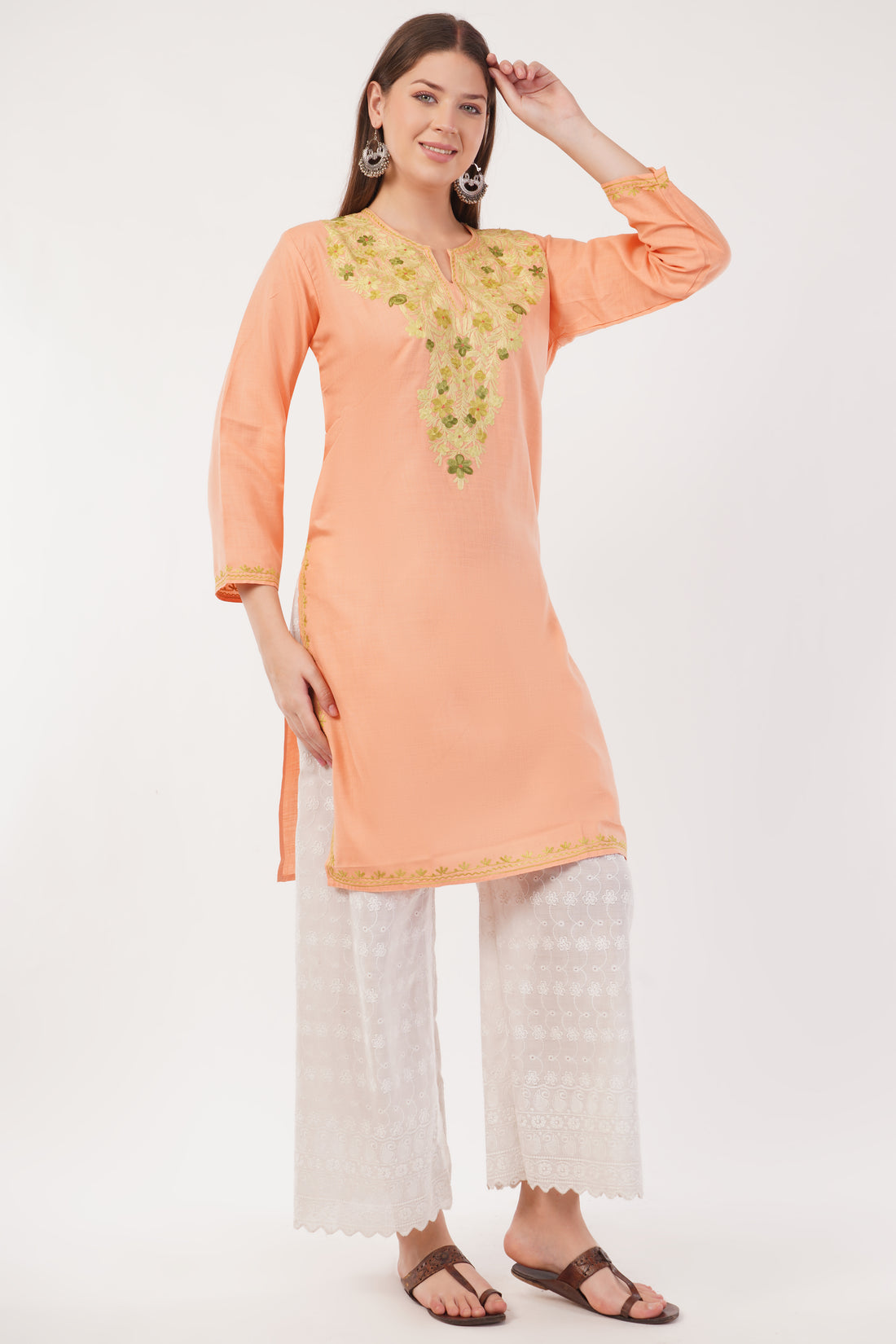 Kashmiri Aari embroidery Cotton Long Kurti Size-42 (Peach)