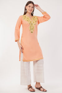 Kashmiri Aari embroidery Cotton Long Kurti Size-42 (Peach)