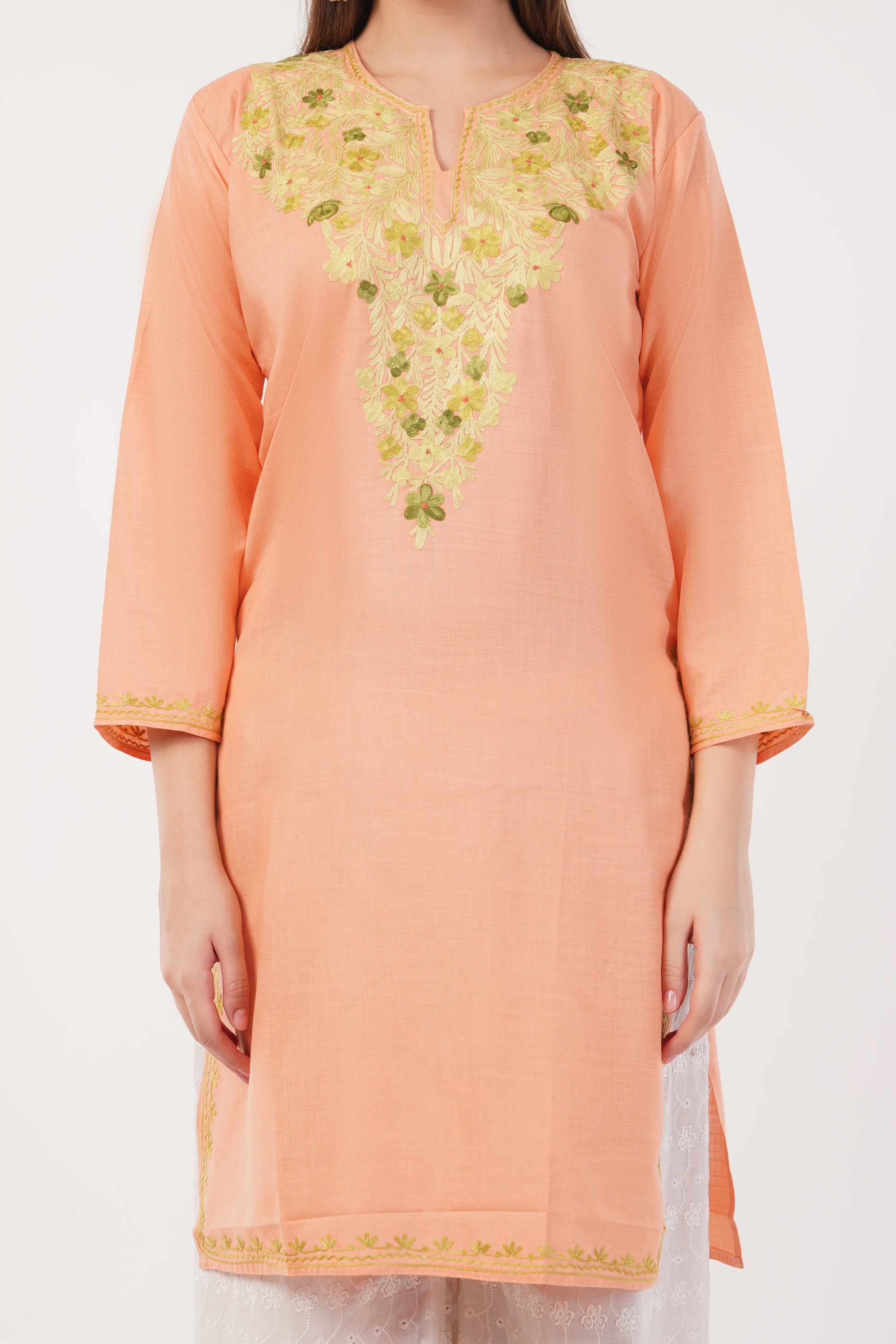 Kashmiri Aari embroidery Cotton Long Kurti Size-42 (Peach)