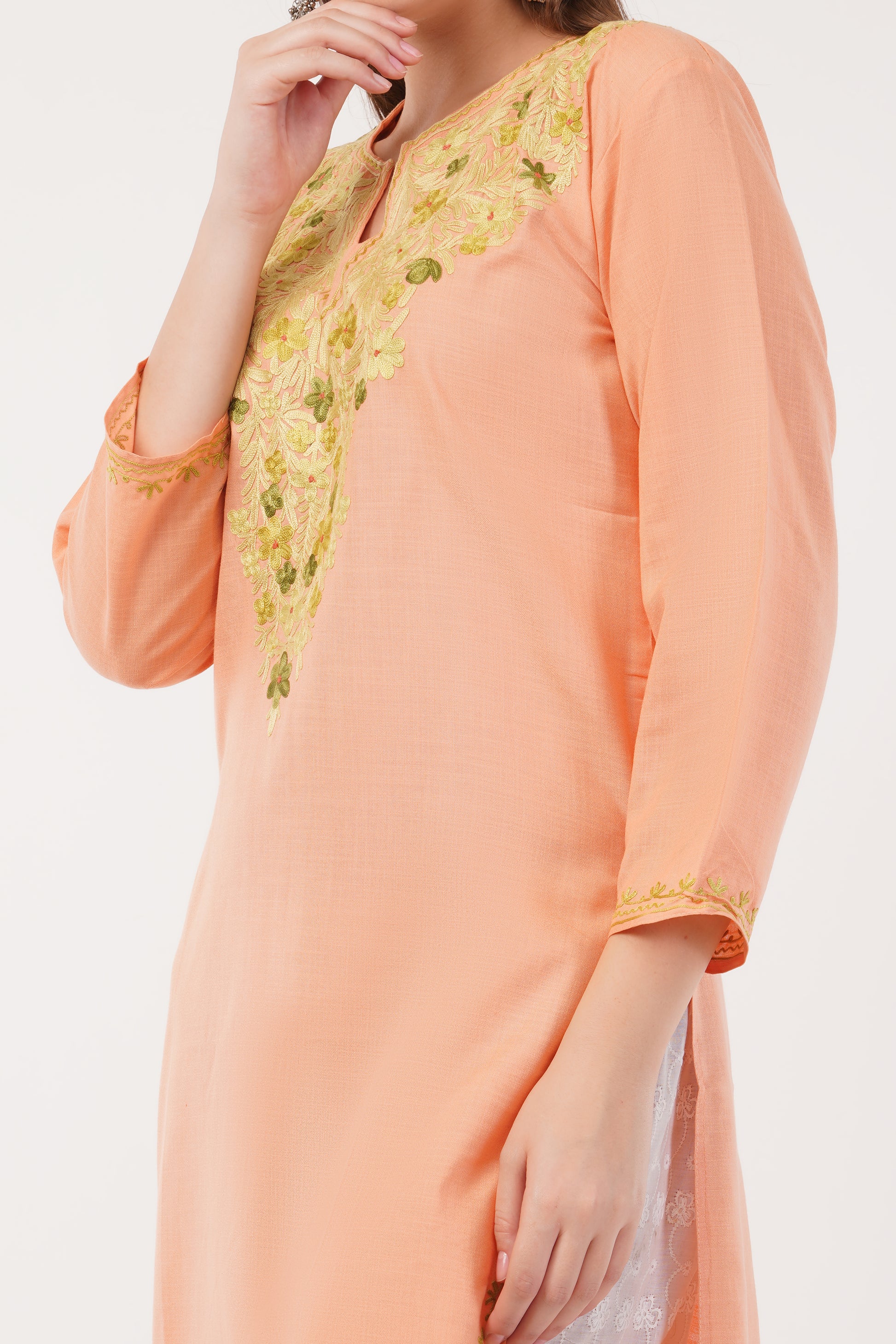 Kashmiri Aari embroidery Cotton Long Kurti Size-42 (Peach)