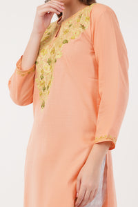 Kashmiri Aari embroidery Cotton Long Kurti Size-42 (Peach)