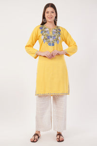 Kashmiri Aari embroidery Cotton Long Kurti Size-42 (Yellow)