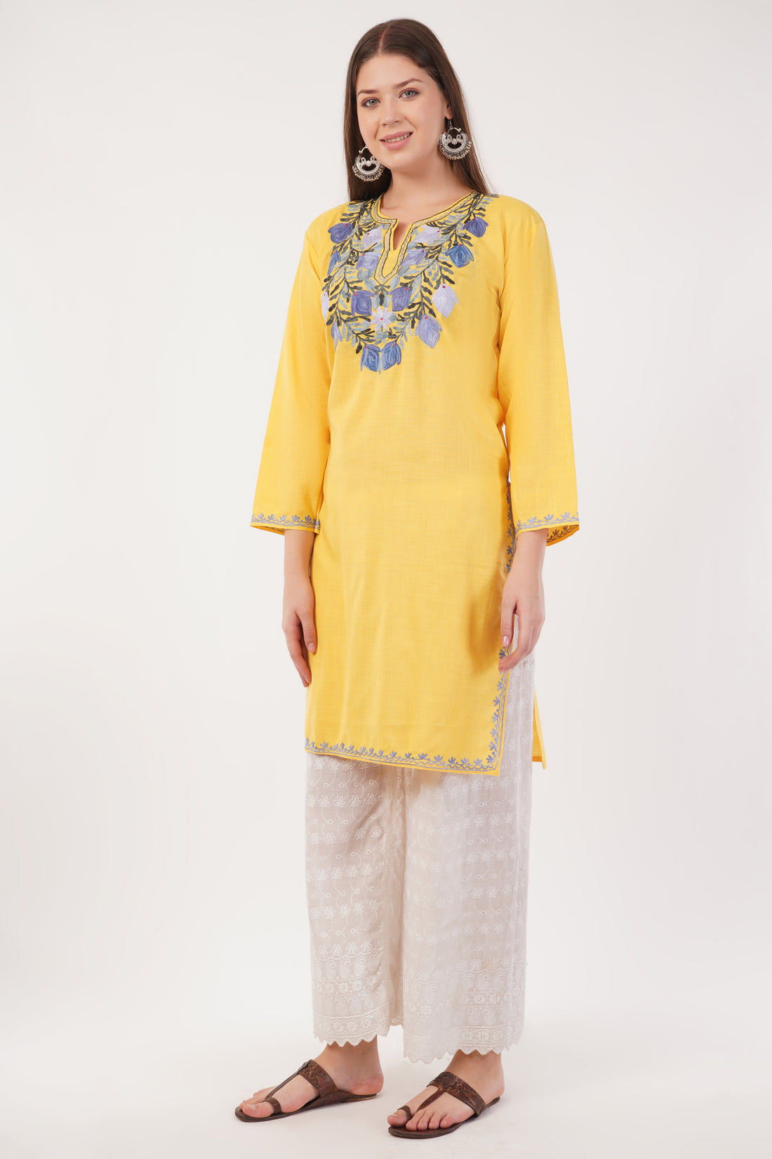 Kashmiri Aari embroidery Cotton Long Kurti Size-42 (Yellow)