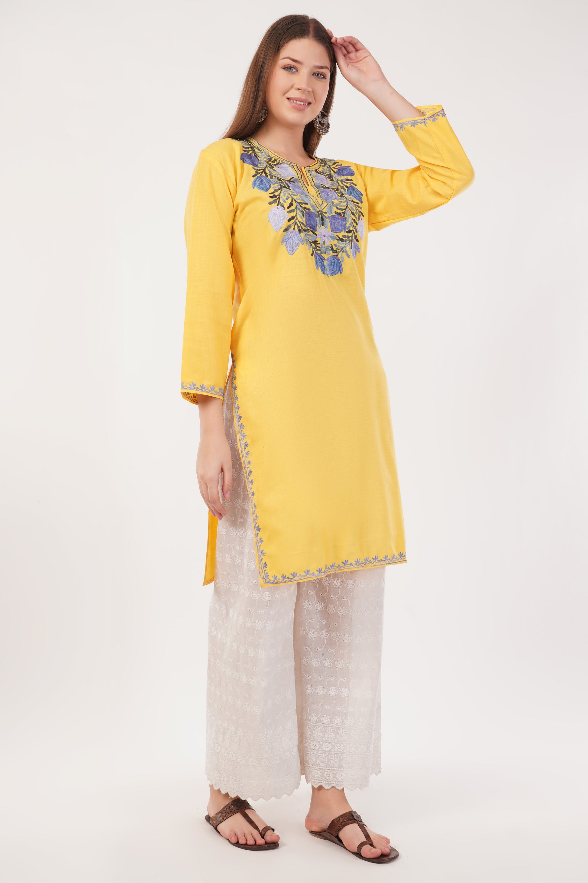 Kashmiri Aari embroidery Cotton Long Kurti Size-42 (Yellow)