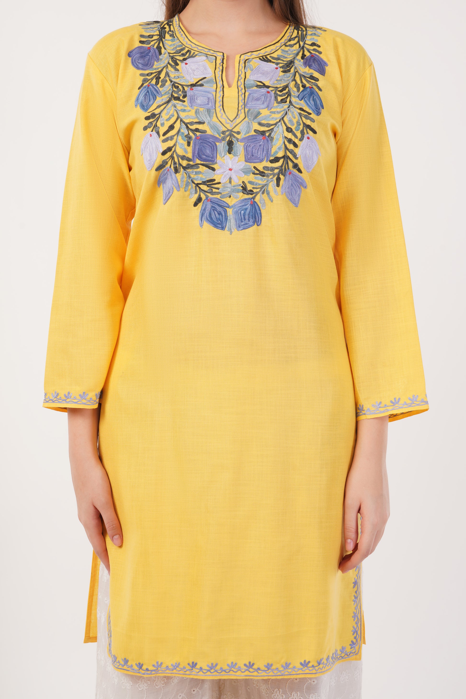 Kashmiri Aari embroidery Cotton Long Kurti Size-42 (Yellow)