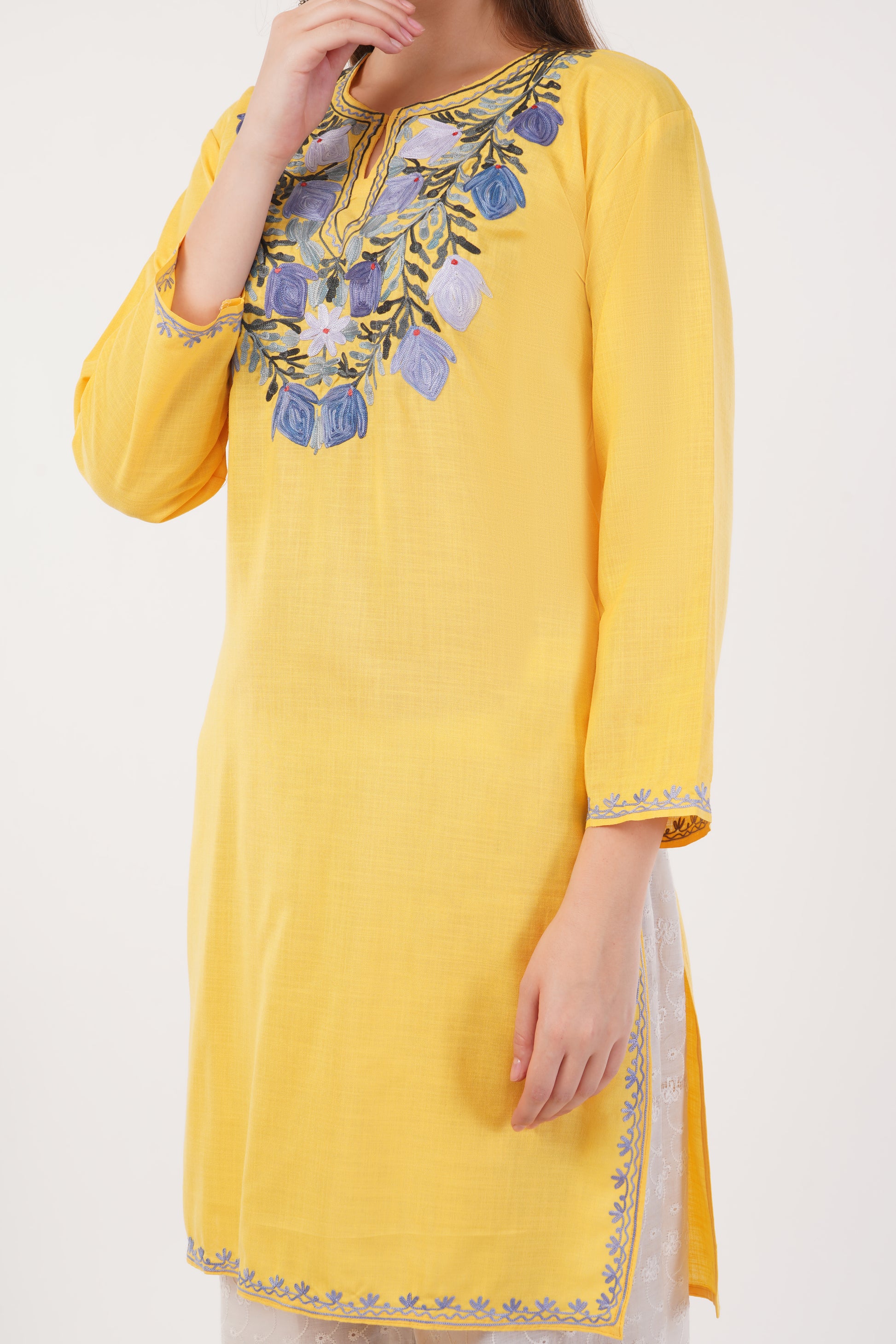 Kashmiri Aari embroidery Cotton Long Kurti Size-42 (Yellow)