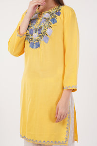 Kashmiri Aari embroidery Cotton Long Kurti Size-42 (Yellow)