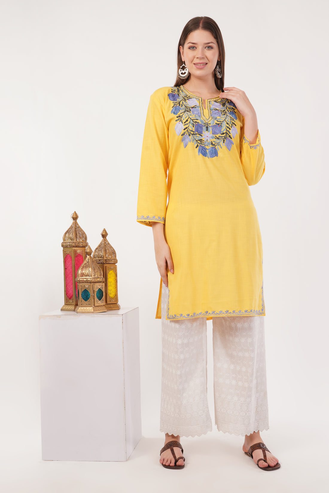 Kashmiri Aari embroidery Cotton Long Kurti Size-42 (Yellow)