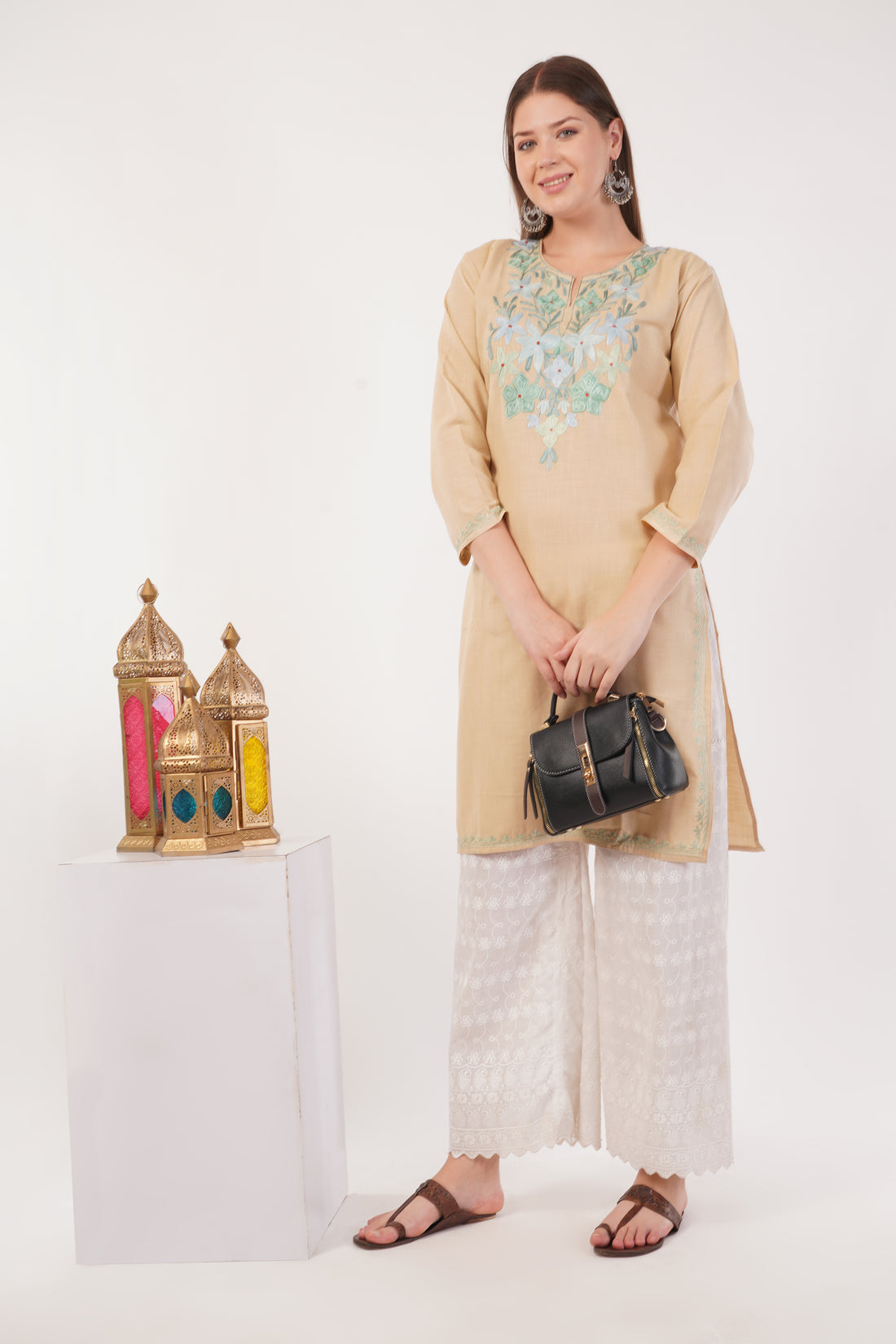 Kashmiri Aari embroidery Cotton Long Kurti Size-42 (Beige)