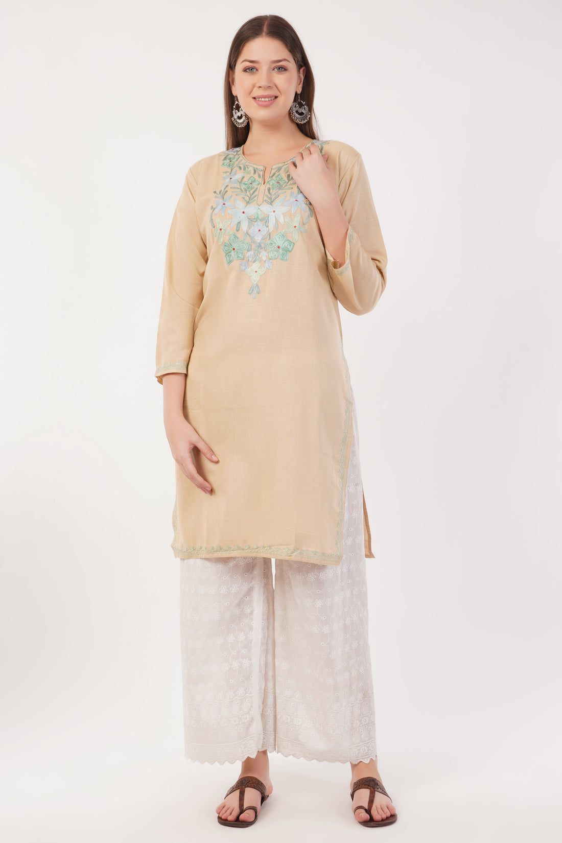 Kashmiri Aari embroidery Cotton Long Kurti Size-42 (Beige)
