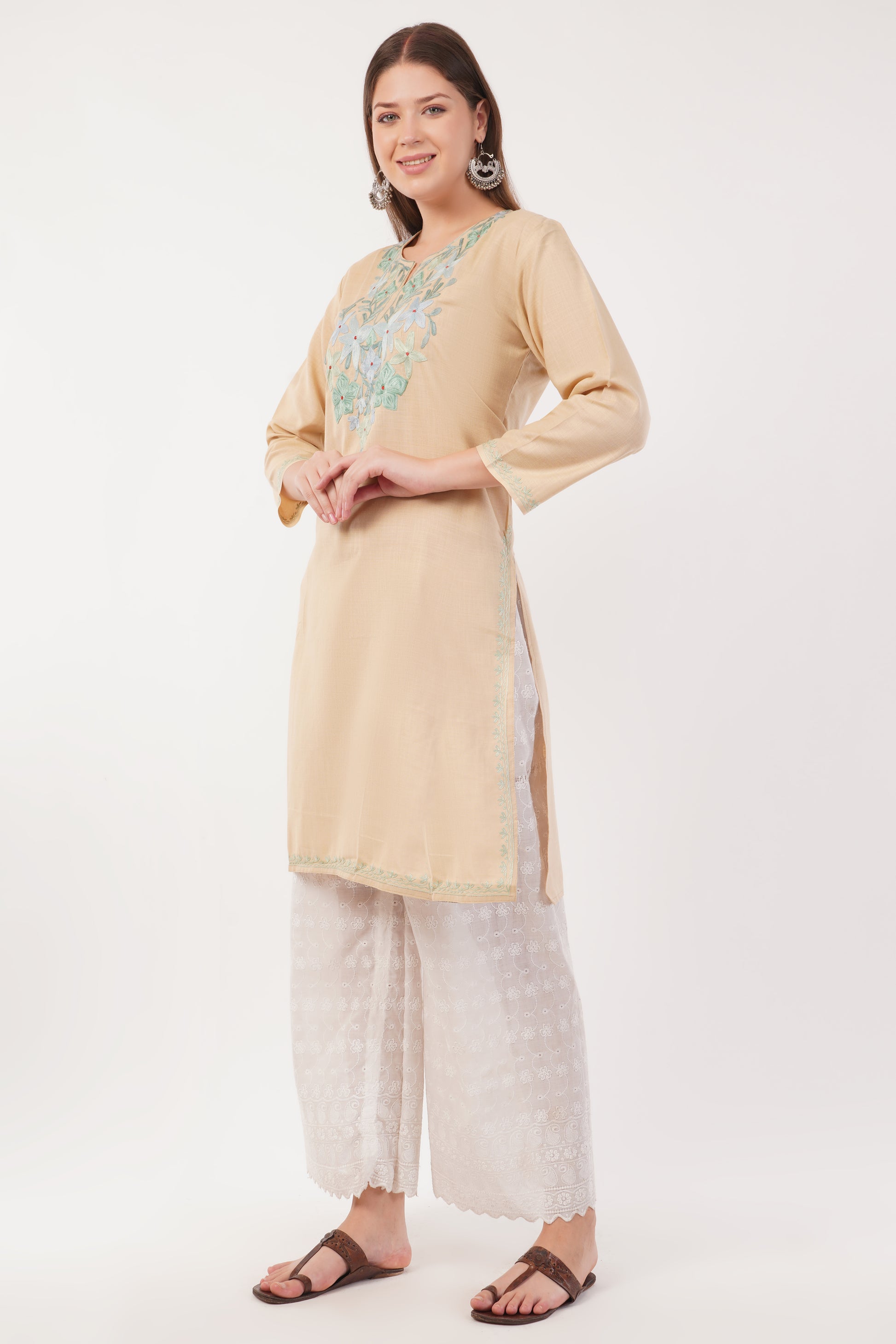 Kashmiri Aari embroidery Cotton Long Kurti Size-42 (Beige)