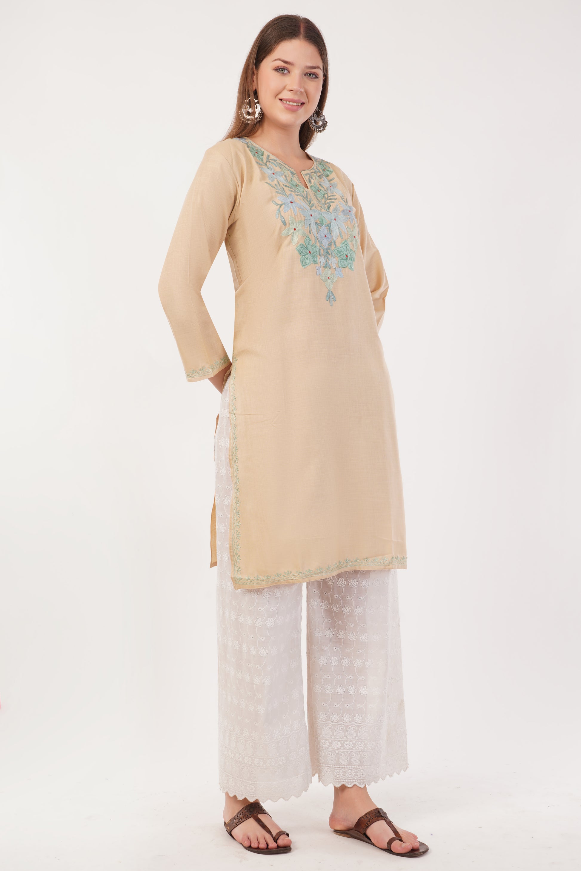 Kashmiri Aari embroidery Cotton Long Kurti Size-42 (Beige)