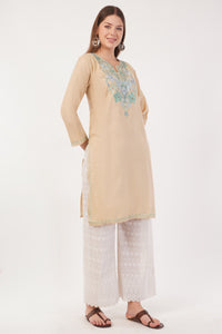 Kashmiri Aari embroidery Cotton Long Kurti Size-42 (Beige)