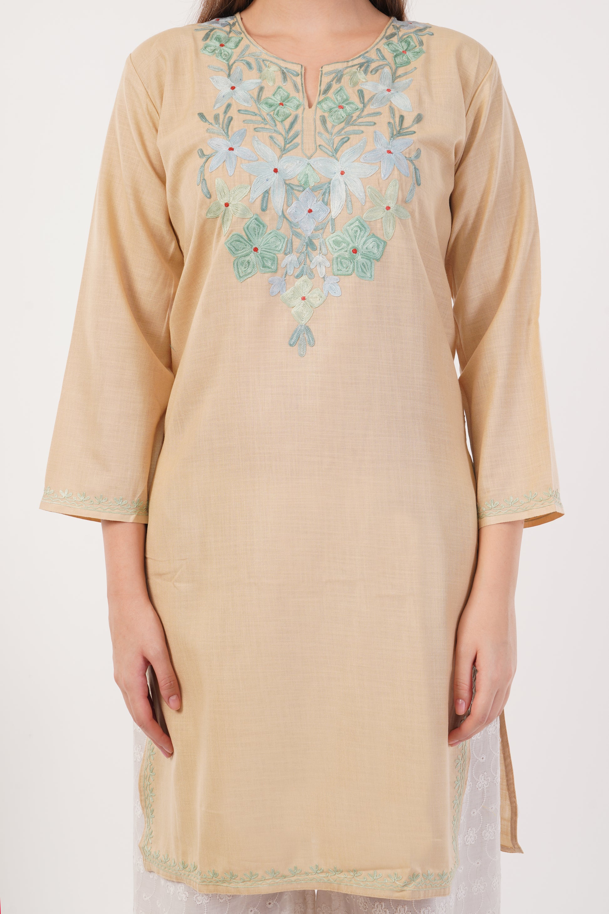 Kashmiri Aari embroidery Cotton Long Kurti Size-42 (Beige)