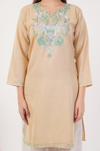 Kashmiri Aari embroidery Cotton Long Kurti Size-42 (Beige)