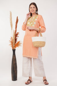 Kashmiri Aari embroidery Cotton Long Kurti Size-42 (Peach)