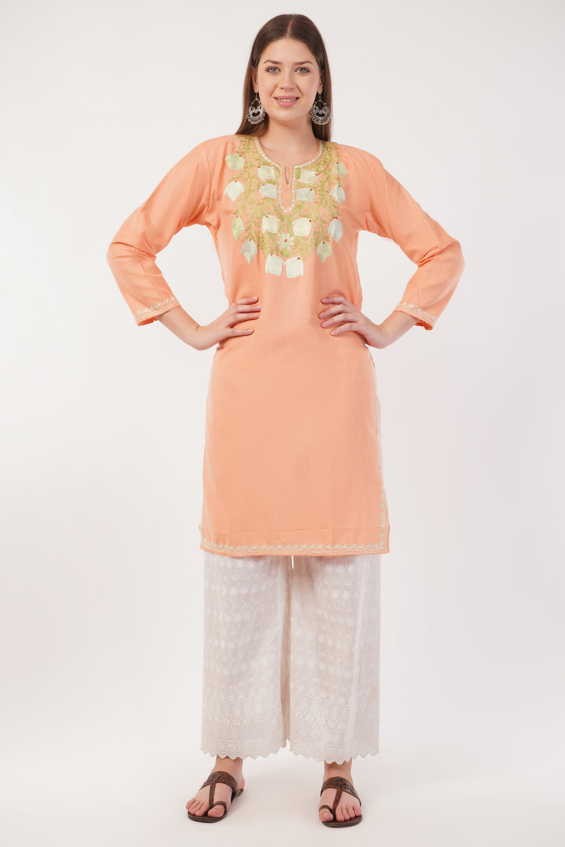 Kashmiri Aari embroidery Cotton Long Kurti Size-42 (Peach)
