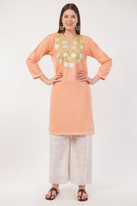 Kashmiri Aari embroidery Cotton Long Kurti Size-42 (Peach)