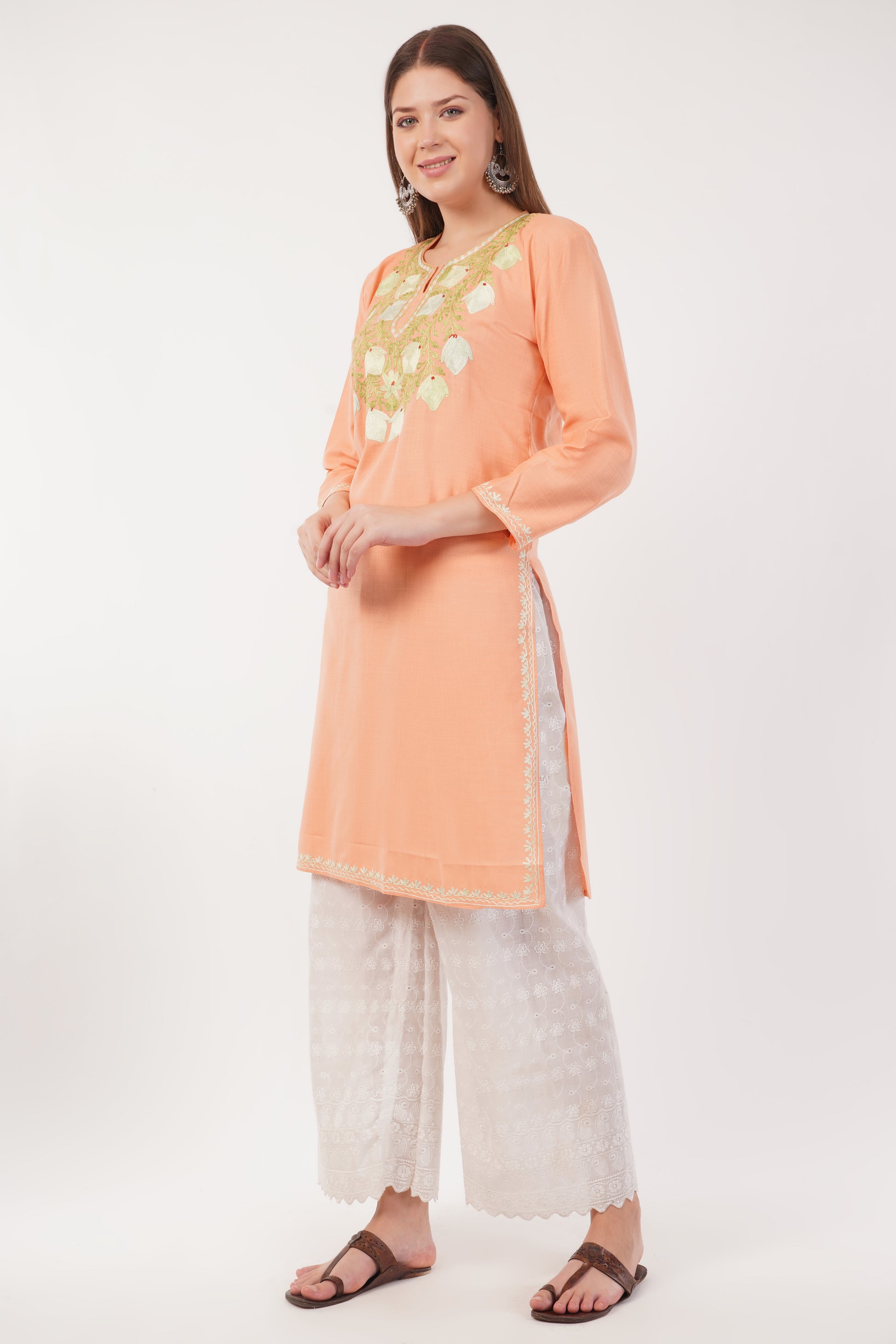 Kashmiri Aari embroidery Cotton Long Kurti Size-42 (Peach)