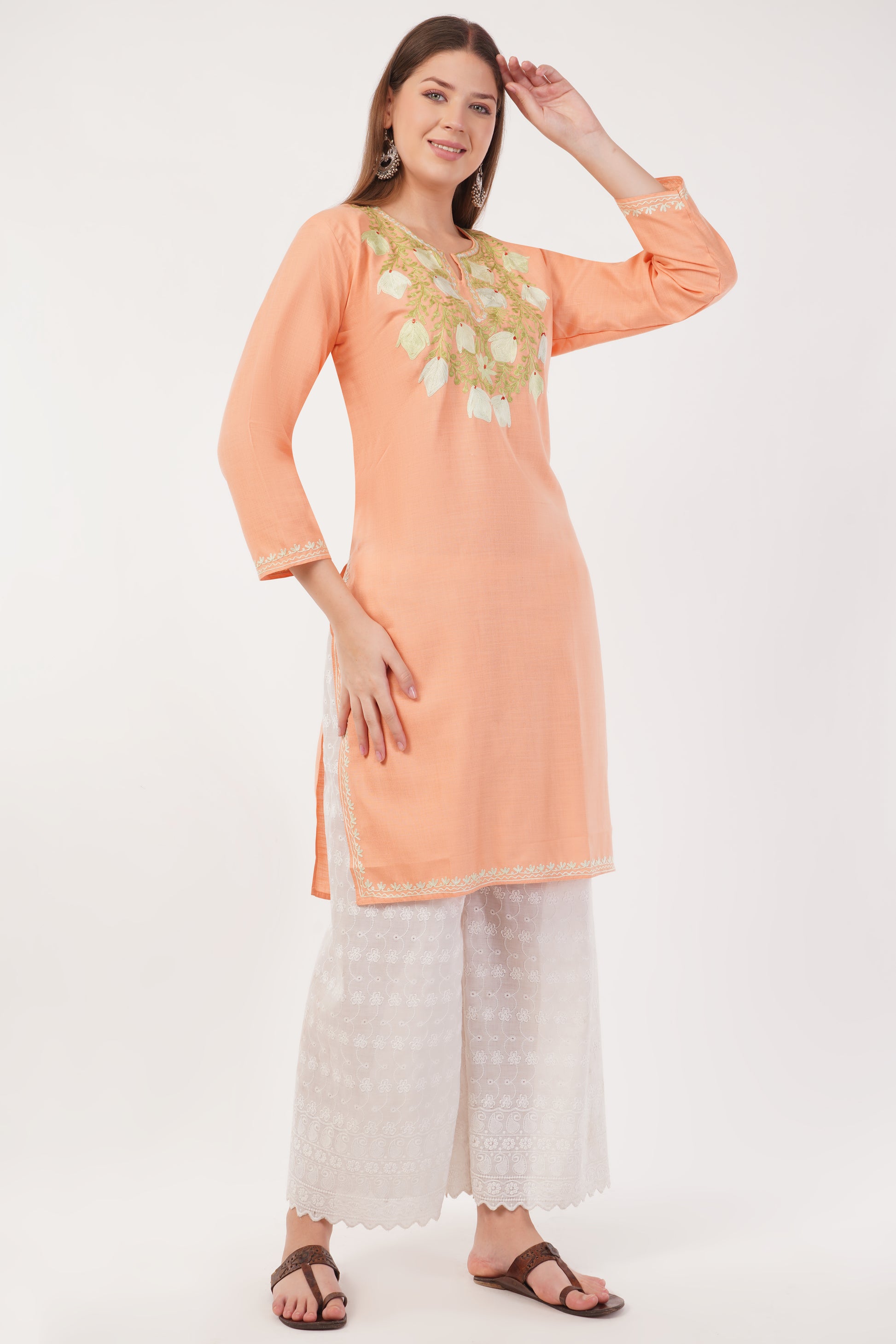 Kashmiri Aari embroidery Cotton Long Kurti Size-42 (Peach)