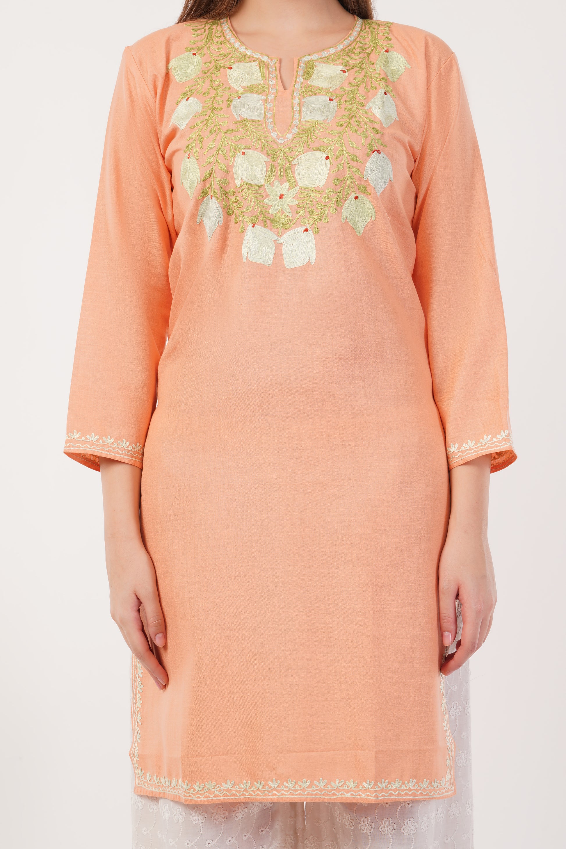 Kashmiri Aari embroidery Cotton Long Kurti Size-42 (Peach)