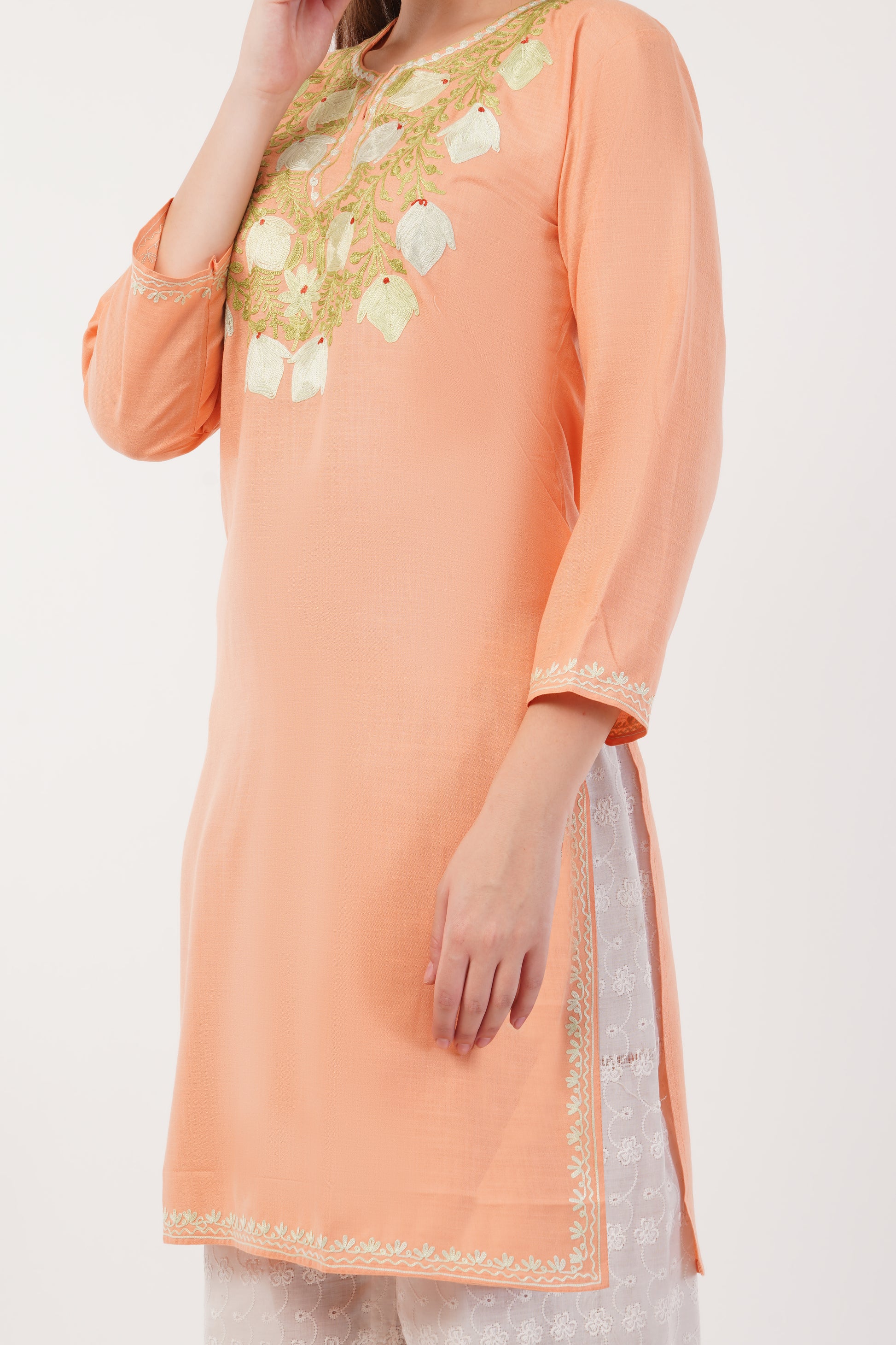 Kashmiri Aari embroidery Cotton Long Kurti Size-42 (Peach)