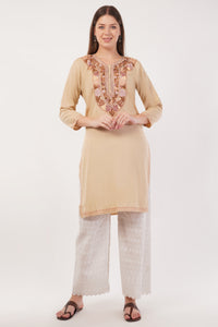 Kashmiri Aari embroidery Cotton Long Kurti Size-42 (Beige)