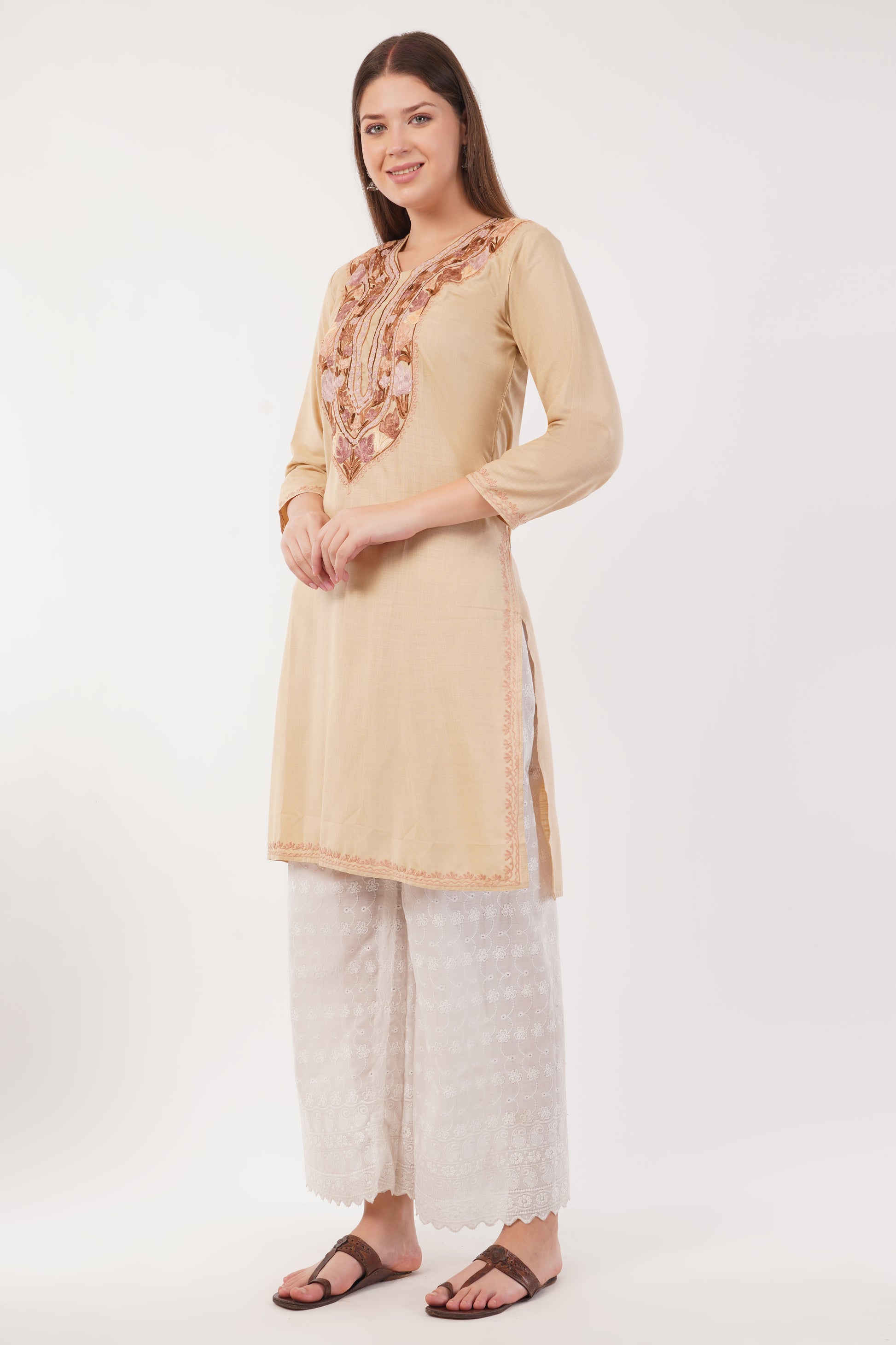 Kashmiri Aari embroidery Cotton Long Kurti Size-42 (Beige)